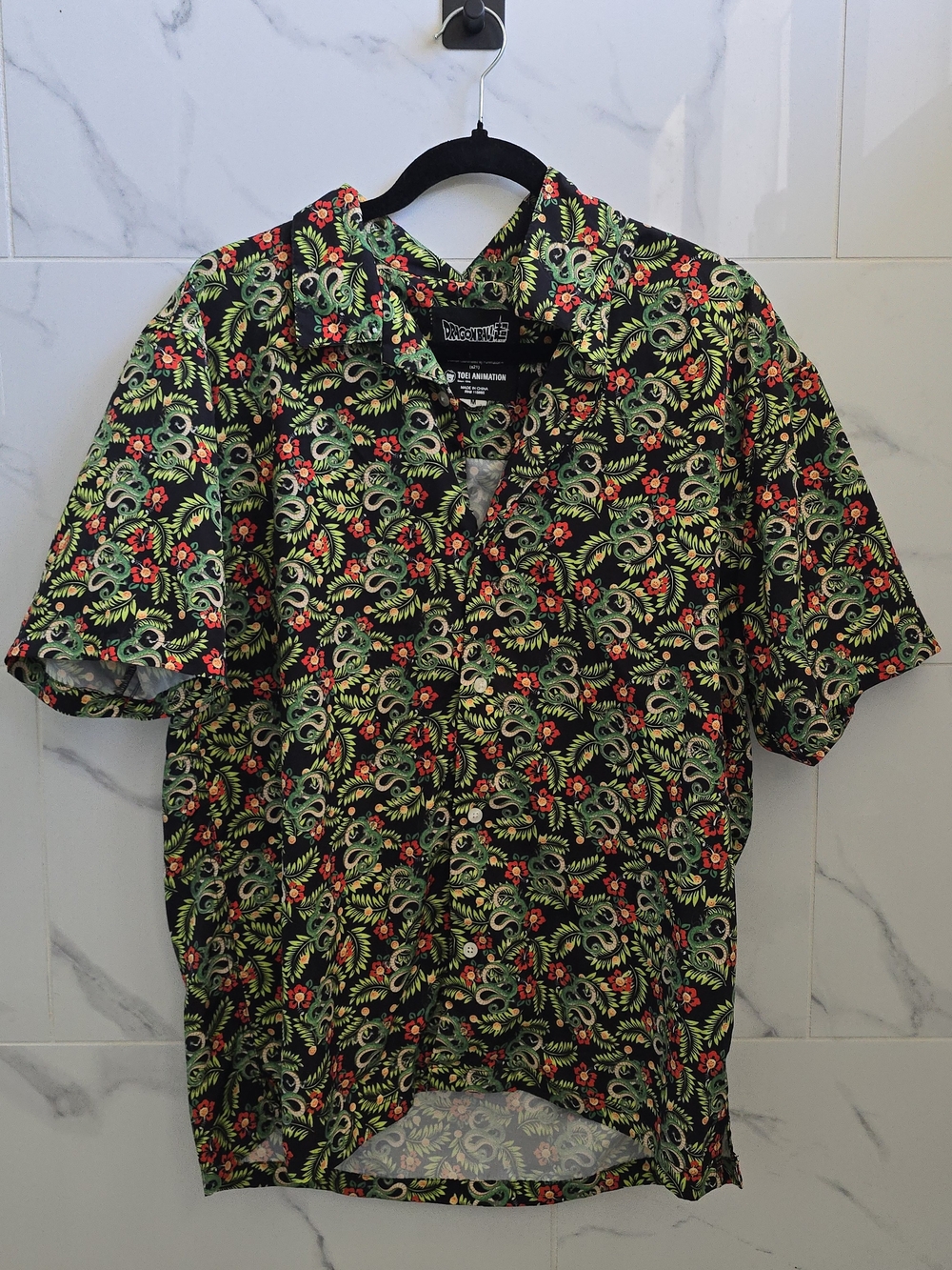 Dragonball Z Men's Short-Sleeve Button Shirt with Green and Red Floral Print